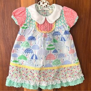 Matilda Jane Pastel Colorful Umbrella Print Baby Girl Dress 6M Peter Pan Collar